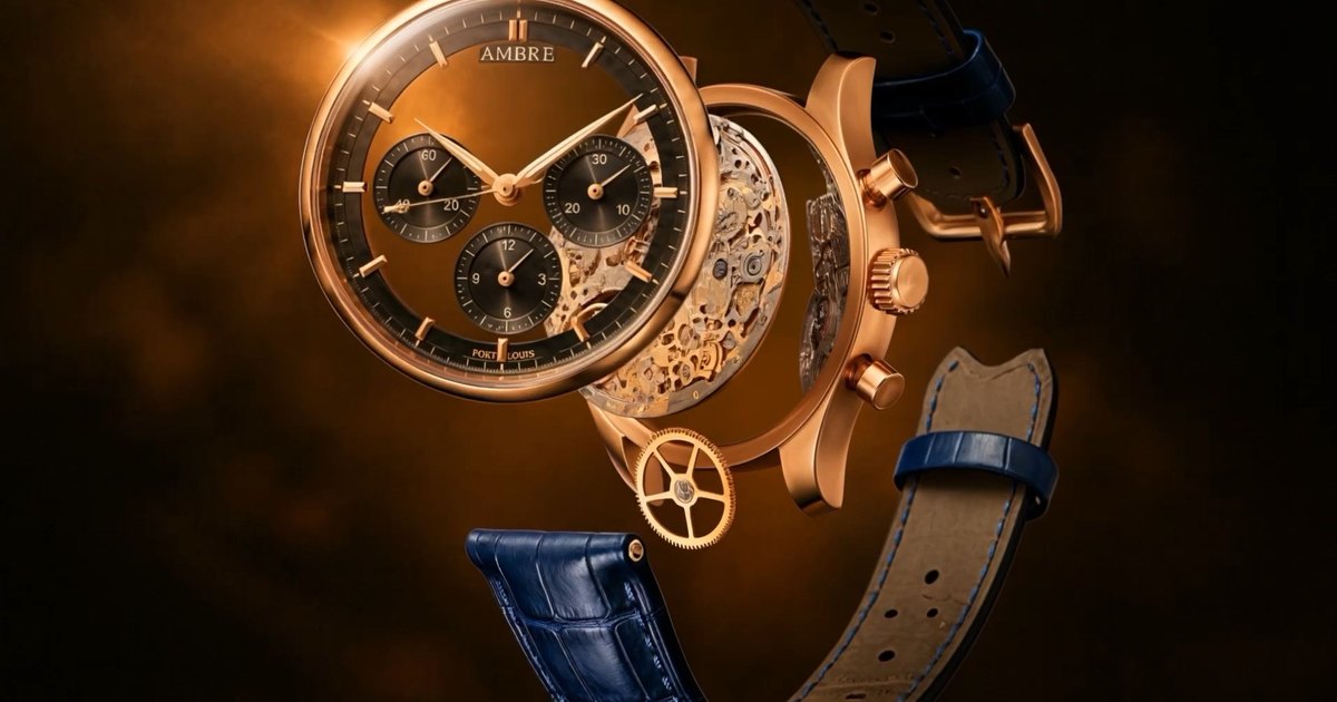 The Ambre demo &mdash; a made-up watch house&rsquo;s page: a rose-gold skeleton chronograph taken apart in mid-air, dial, movement, case, a gear wheel and an ocean-blue strap