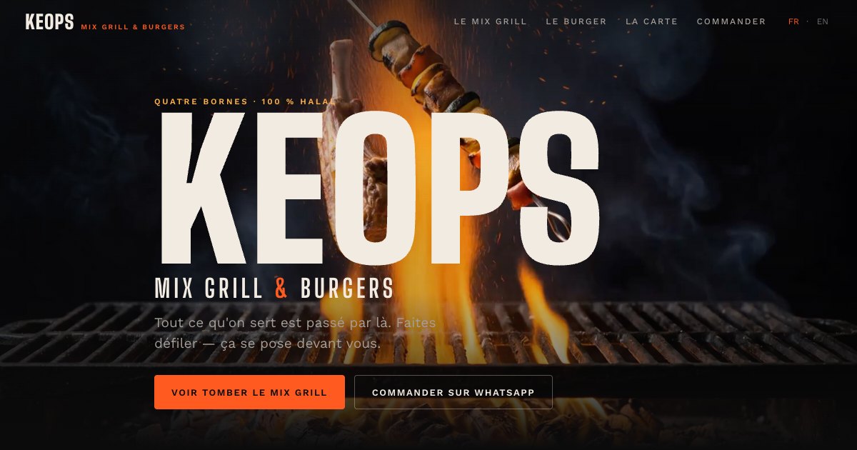 The Keops demo &mdash; a halal mix grill and burger house where the scroll lands the food on the board