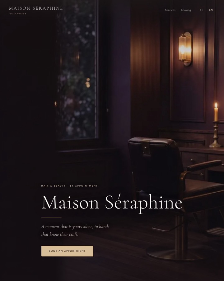 The Maison Séraphine demo — a salon taking bookings around the clock