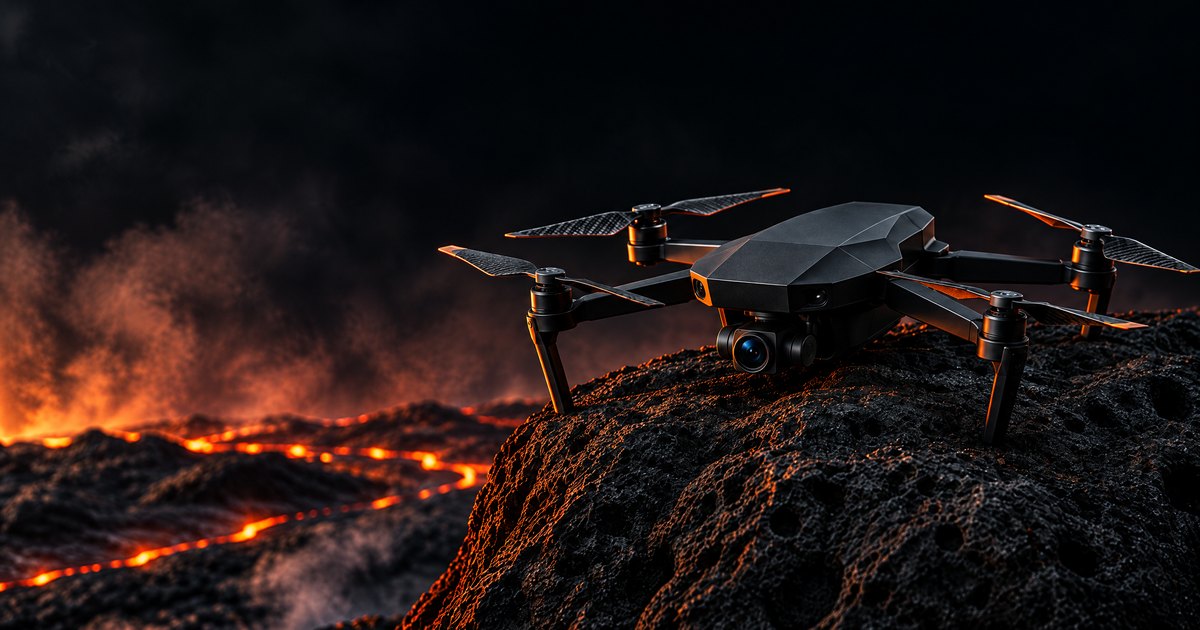 The Tephra demo &mdash; a made-up drone brand&rsquo;s launch page: an unmarked graphite drone on a basalt rock above glowing lava, lifting off into the night