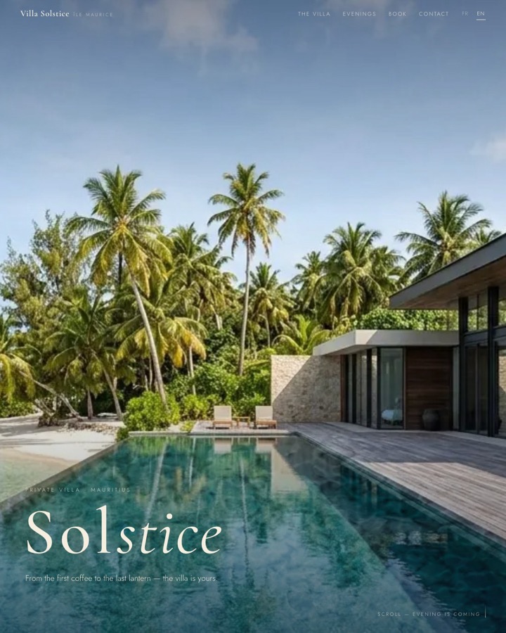 The Villa Solstice demo — a villa lighting her lamps as you scroll