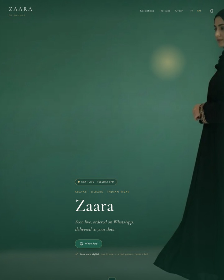 The Zaara demo — a modest-fashion atelier seen live, ordered on WhatsApp
